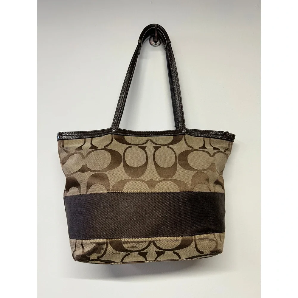 Coach Signature Canvas Tote Brown Tan Leather Trim Shoulder Bag - Picture 5 of 12